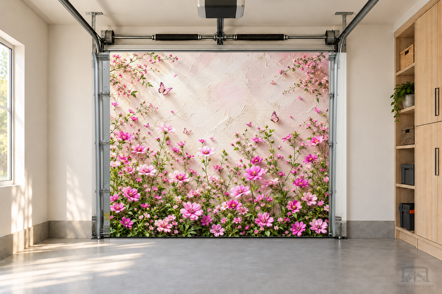 Blossom Charm interior garage door cover — one-car garage front view