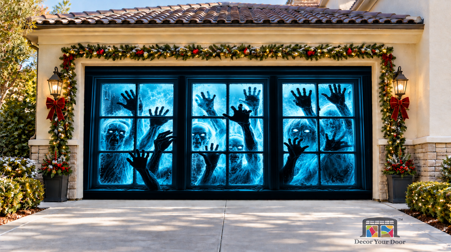 Blue Glowing Zombie Windows Halloween Garage Door Cover — two-car front view