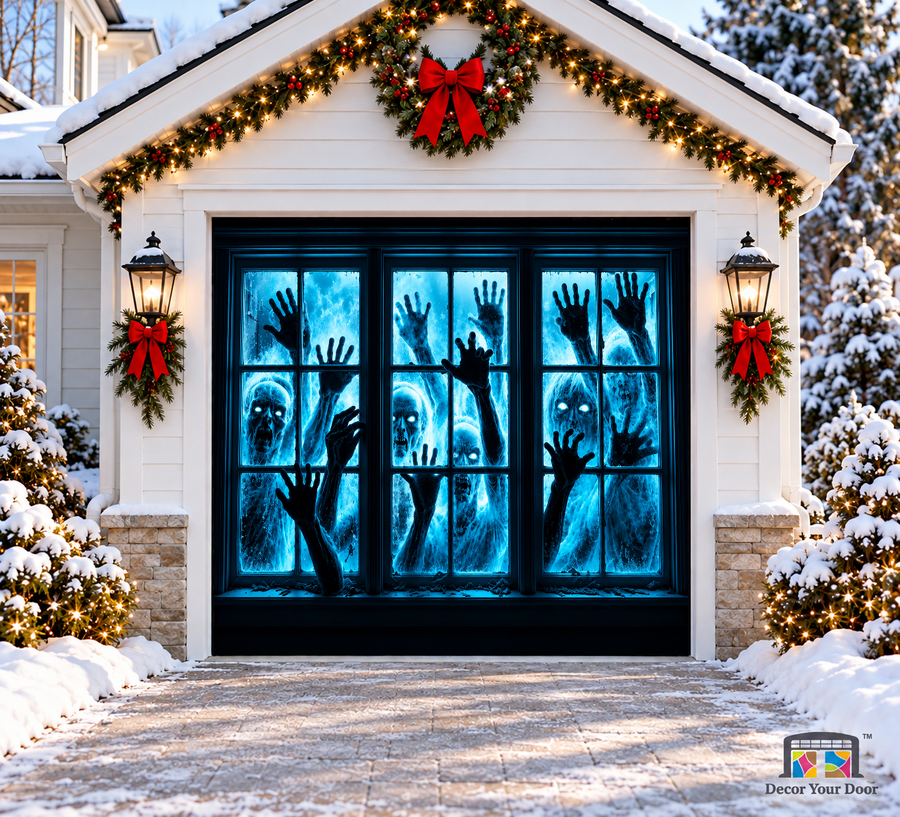 Blue Glowing Zombie Windows Halloween Garage Door Cover — one-car front view