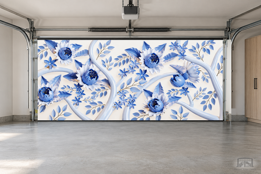 Blue Porcelain Elegance interior garage door cover — two-car garage front view
