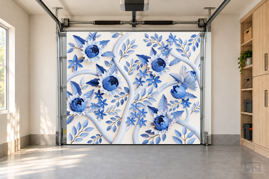 Blue Porcelain Elegance interior garage door cover — one-car garage front view