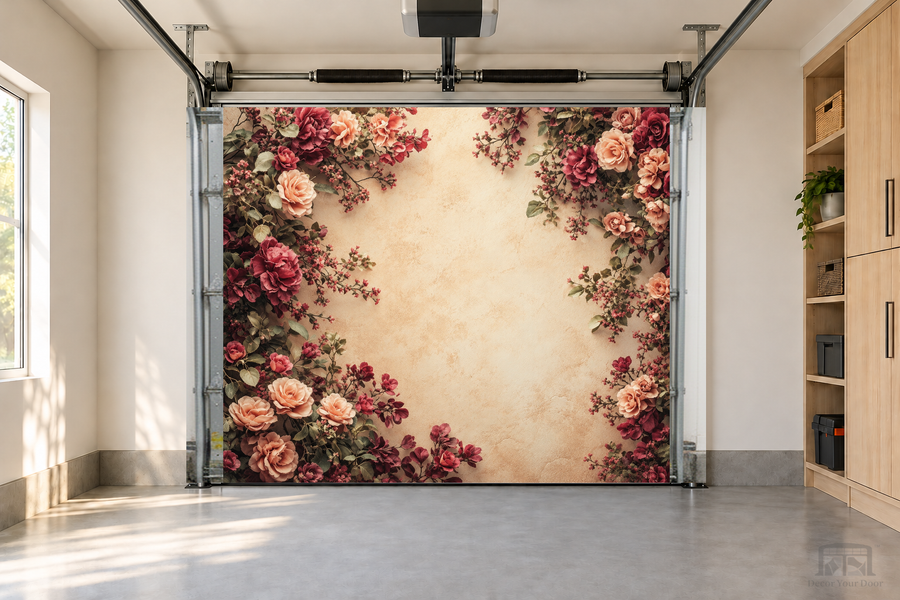 Blush Rose Harmony interior garage door cover — one-car garage front view