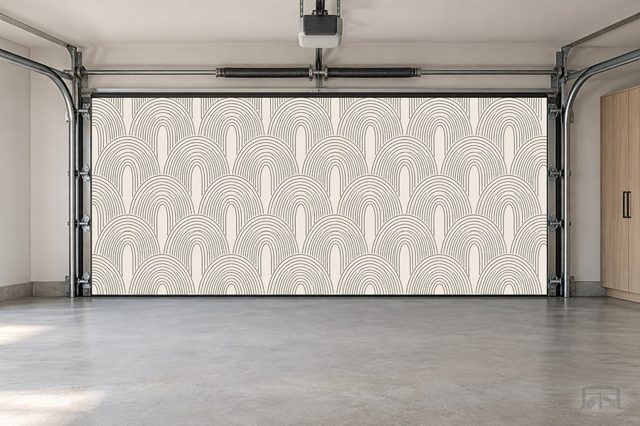 Boho Arches Harmony interior garage door cover — two-car front view