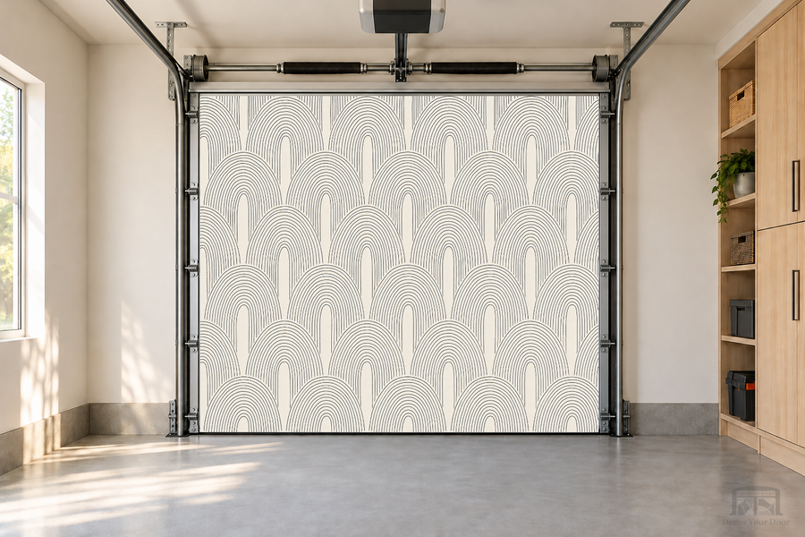 Boho Arches Harmony interior garage door cover — one-car front view