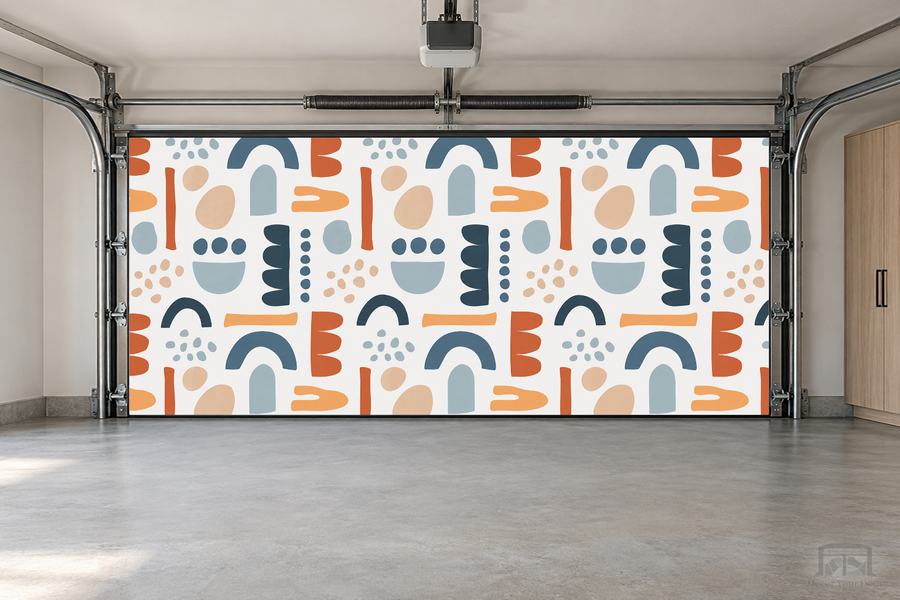 Boho Balance interior garage door cover — two-car front view