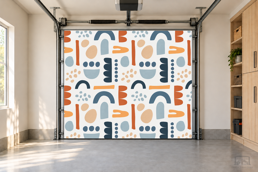 Boho Balance interior garage door cover — one-car front view