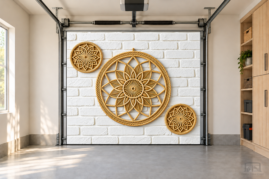 Boho Mandala Weave interior garage door cover — one-car front view