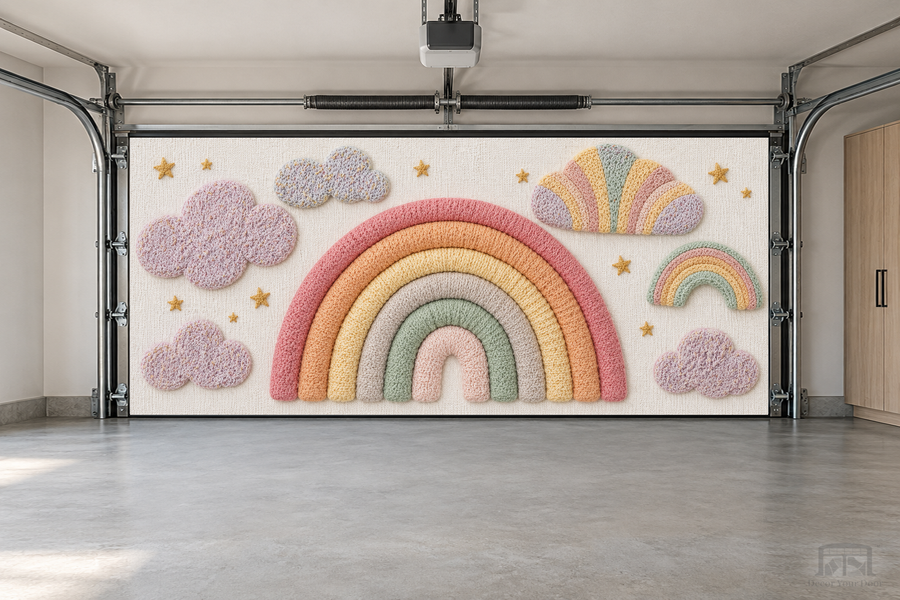 Boho Rainbow Dreams interior garage door cover — two-car front view