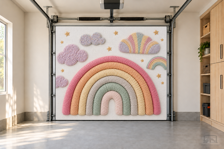Boho Rainbow Dreams interior garage door cover — one-car front view