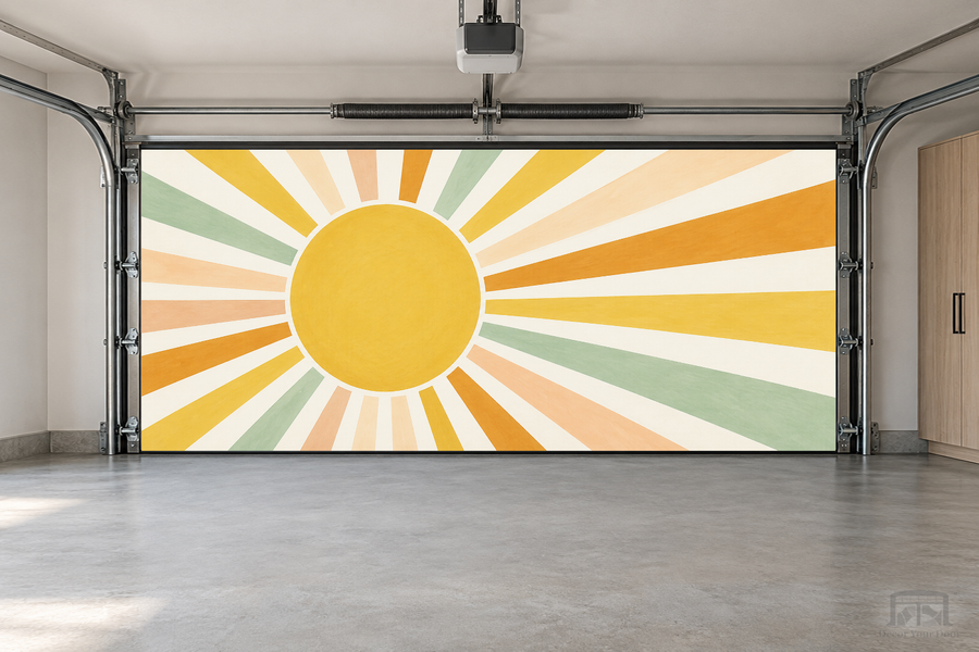 Boho Sunshine Burst interior garage door cover — two-car front view