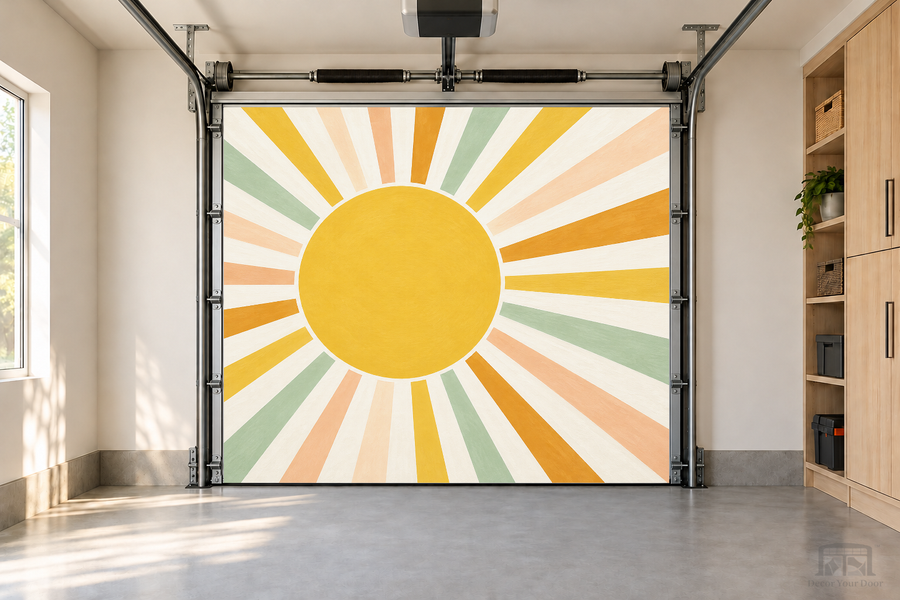 Boho Sunshine Burst interior garage door cover — one-car front view