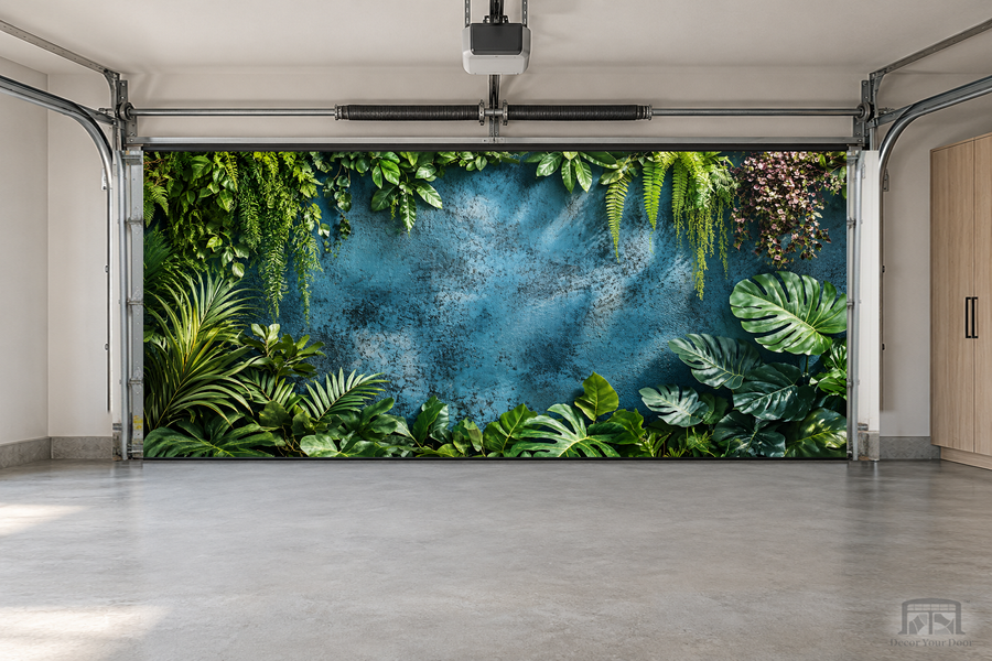 Botanic Blue Haven interior garage door cover — two-car garage front view