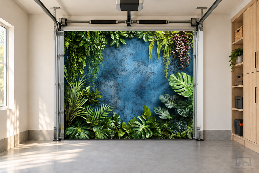 Botanic Blue Haven interior garage door cover — one-car garage front view