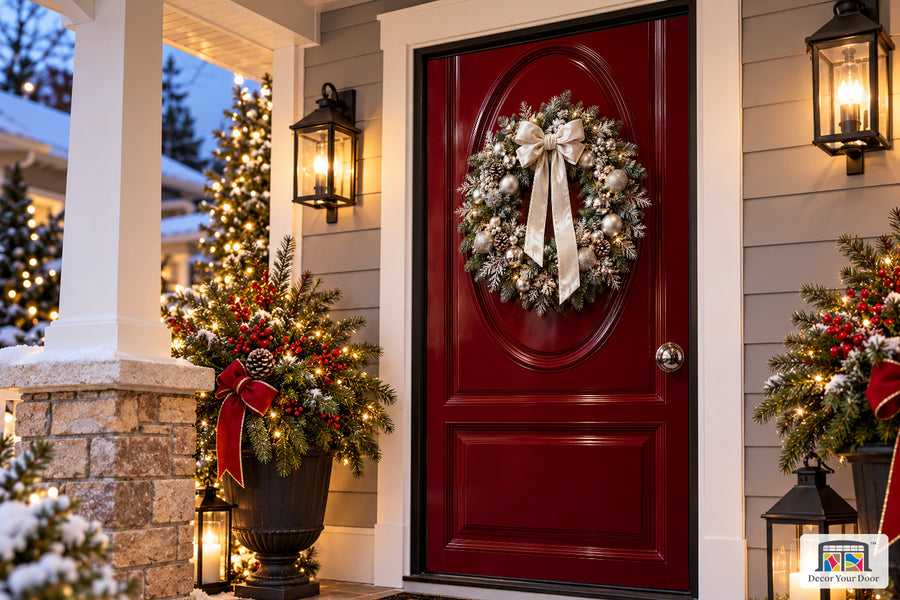 Burgundy Silver Christmas Front Door Cover on the approved Christmas porch, angled view.