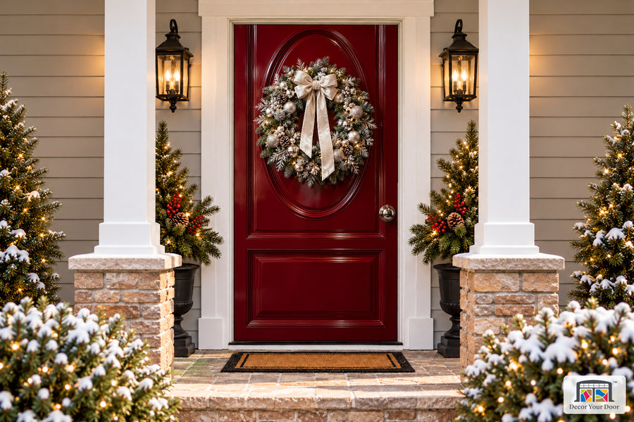 Burgundy Silver Christmas Front Door Cover on a snowy Christmas porch, front view.