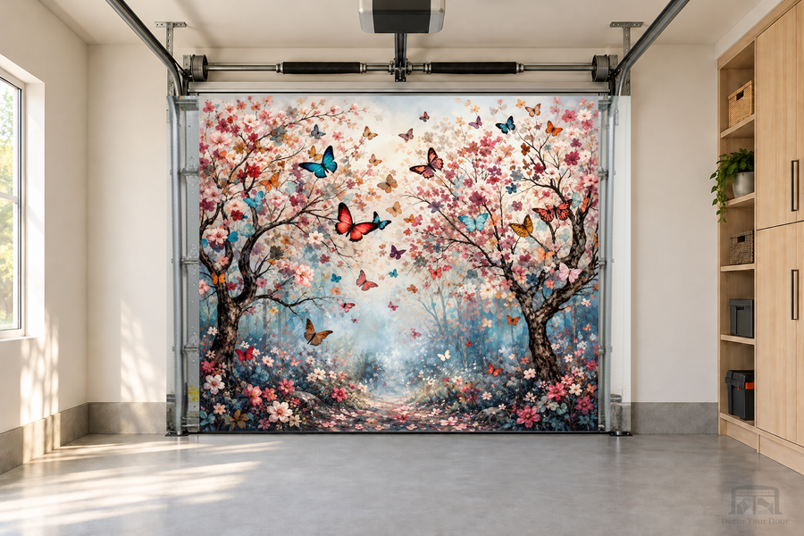 Butterfly Blossom Symphony interior garage door cover — one-car garage front view