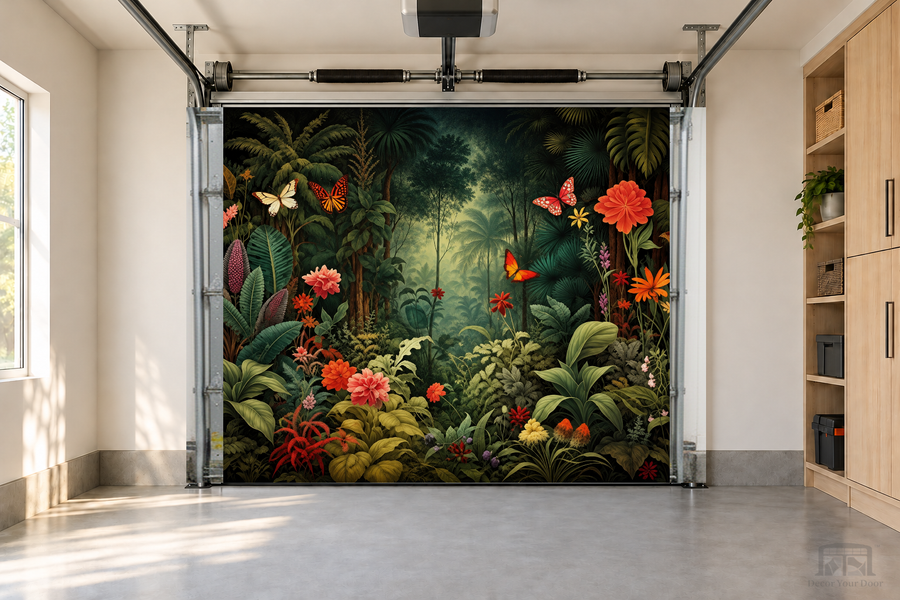 Butterfly Jungle Bloom interior garage door cover — one-car garage front view