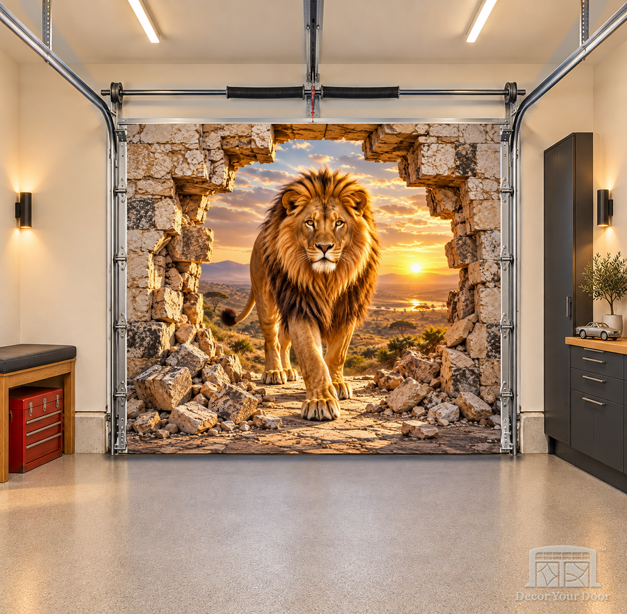Lion’s Golden Arrival interior garage door cover — OneCar front