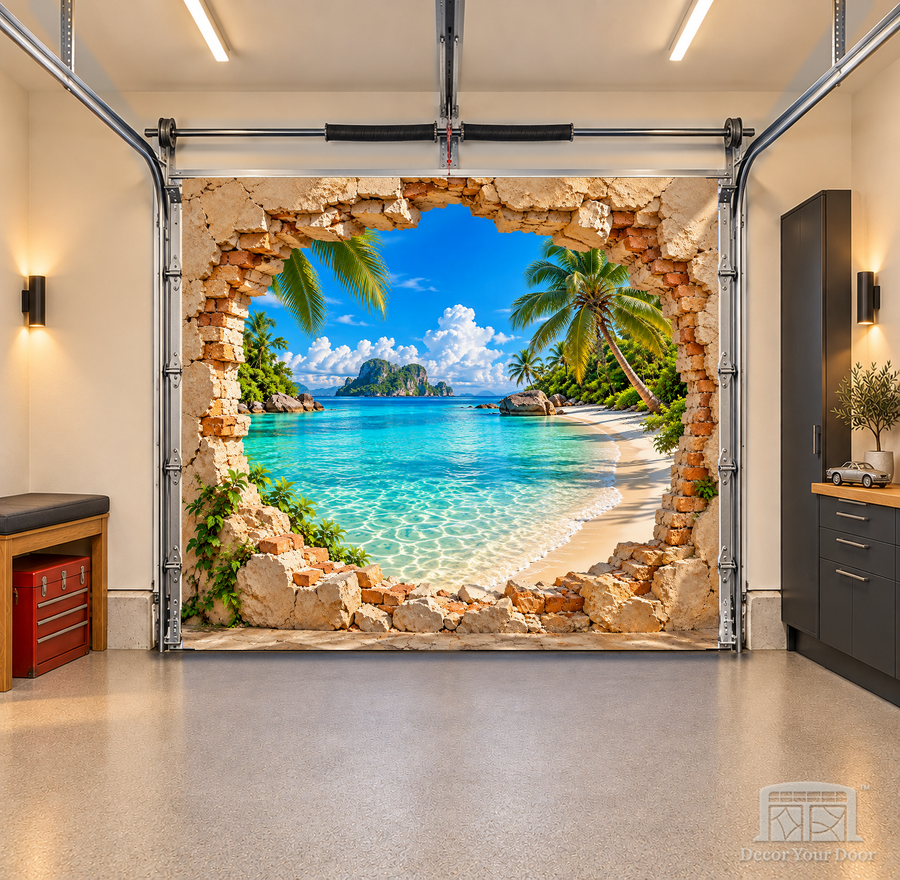 Tropical Lagoon Escape interior garage door cover — OneCar front