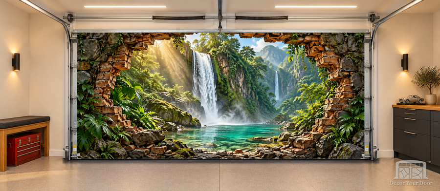Jungle Cascade Portal interior garage door cover — TwoCar front