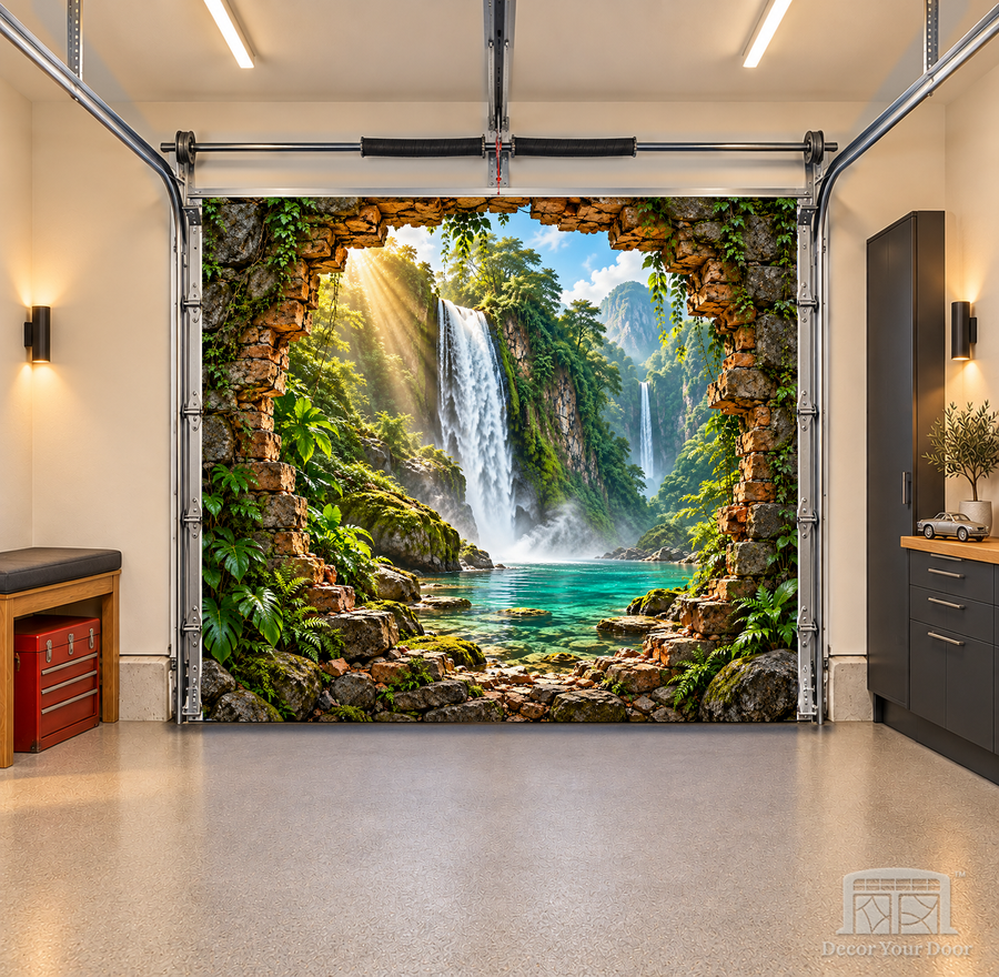 Jungle Cascade Portal interior garage door cover — OneCar front