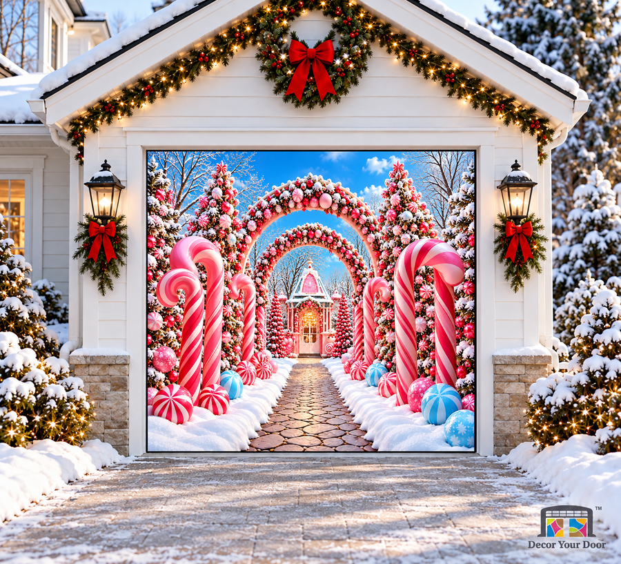 Candy Cane Christmas Entrance Garage Door Cover — one-car garage front view