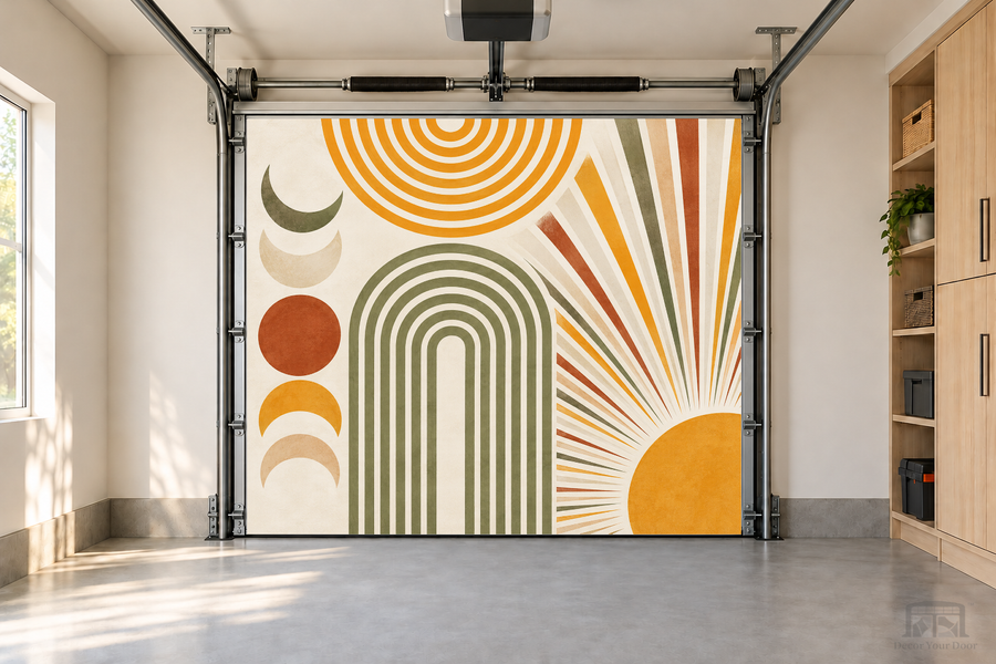 Celestial Balance interior garage door cover — one-car front view
