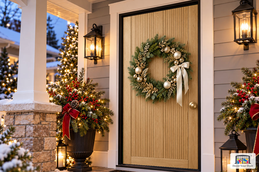 Champagne Oak Christmas Front Door Cover on the approved Christmas porch, angled view.
