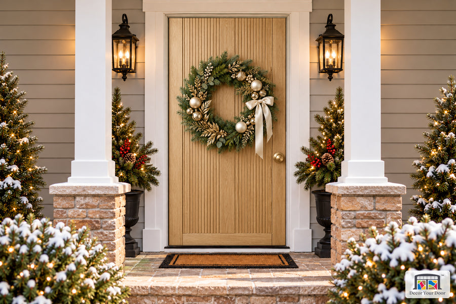 Champagne Oak Christmas Front Door Cover on a snowy Christmas porch, front view.