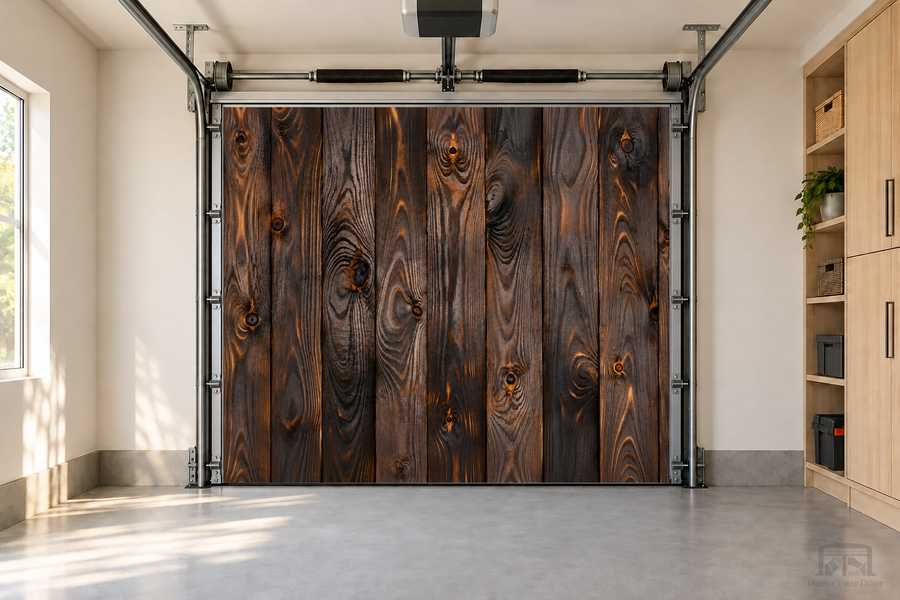 Charred Wood Escape interior garage door cover — one-car front view