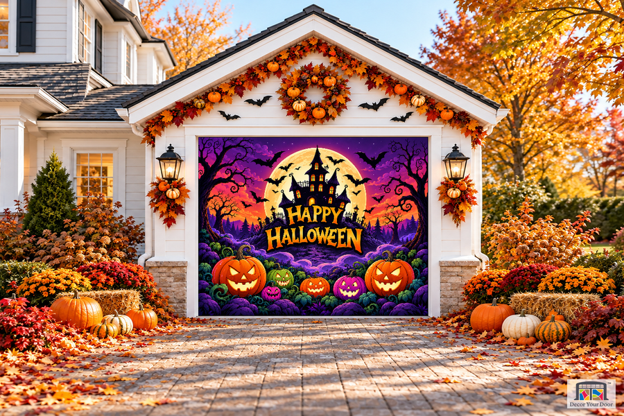Cheerful Halloween Pumpkins in Spooky Bats garage door cover — one-car garage front view