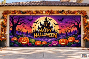 Cheerful Pumpkins & Bats Halloween Garage Door Cover