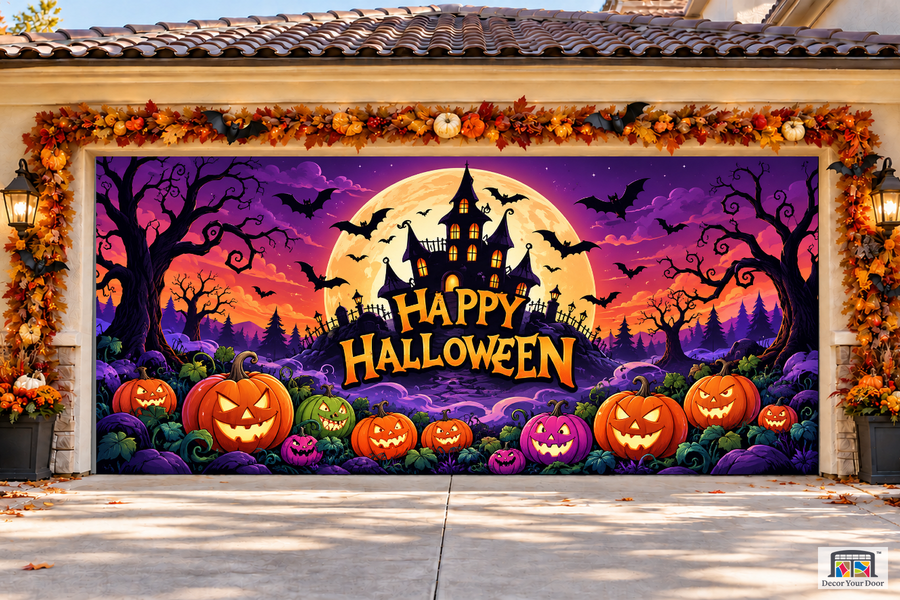 Cheerful Halloween Pumpkins in Spooky Bats garage door cover — two-car garage front view