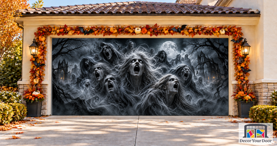 Chorus of Souls Halloween garage door cover – Two Car front view