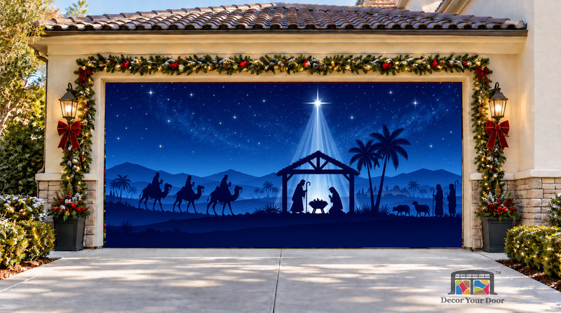 Christmas Nativity Scene Garage Door Cover — two-car front view