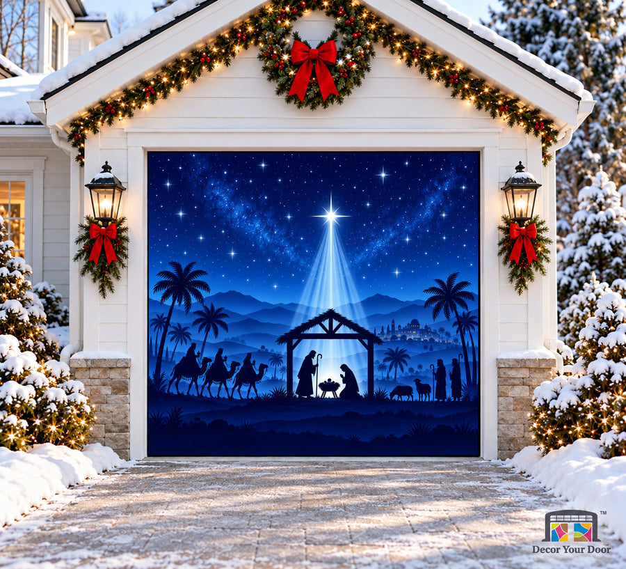 Christmas Nativity Scene Garage Door Cover — one-car front view