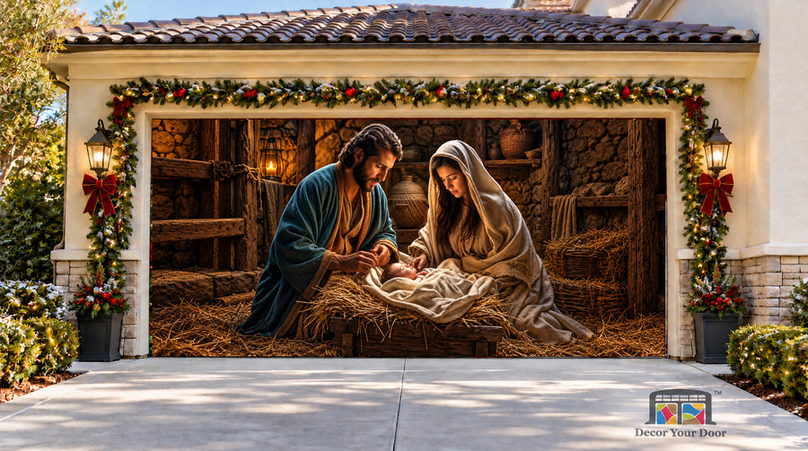 Holy Family — Jesus, Mary & Joseph Garage Door Cover — two-car front view