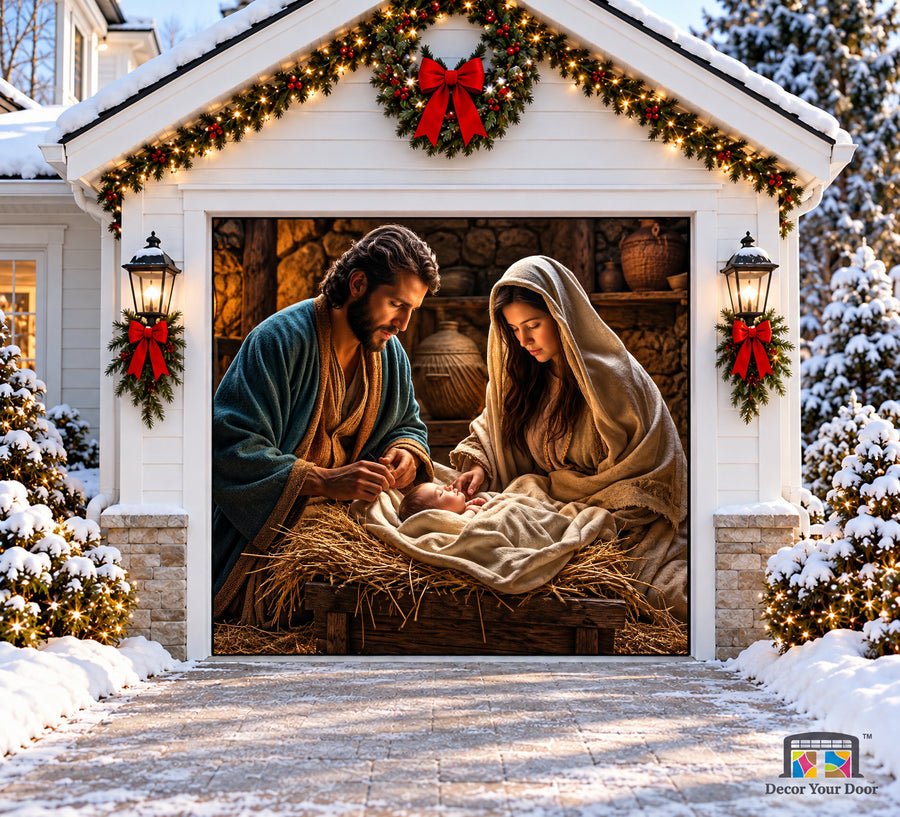 Holy Family — Jesus, Mary & Joseph Garage Door Cover — one-car front view