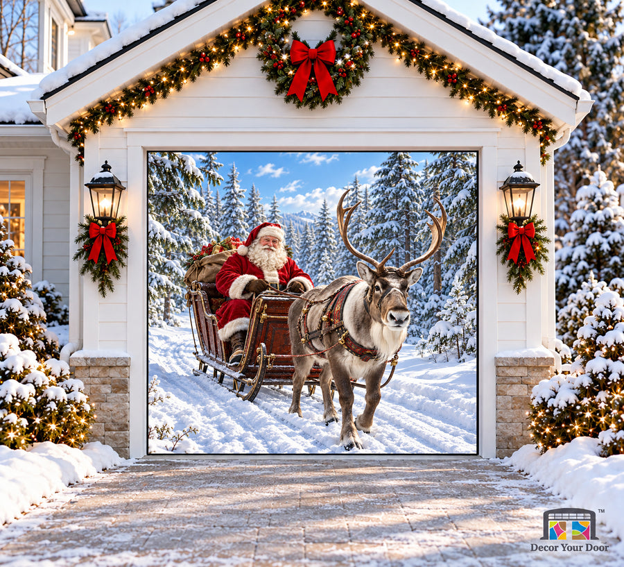 Santa Sleigh & Reindeer Christmas Garage Door Cover — one-car front view