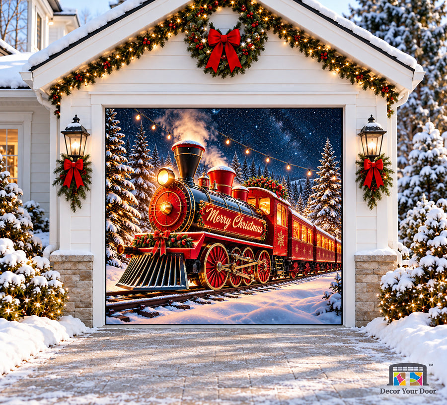 Red Train of Holiday Cheer Garage Door Cover — one-car front view