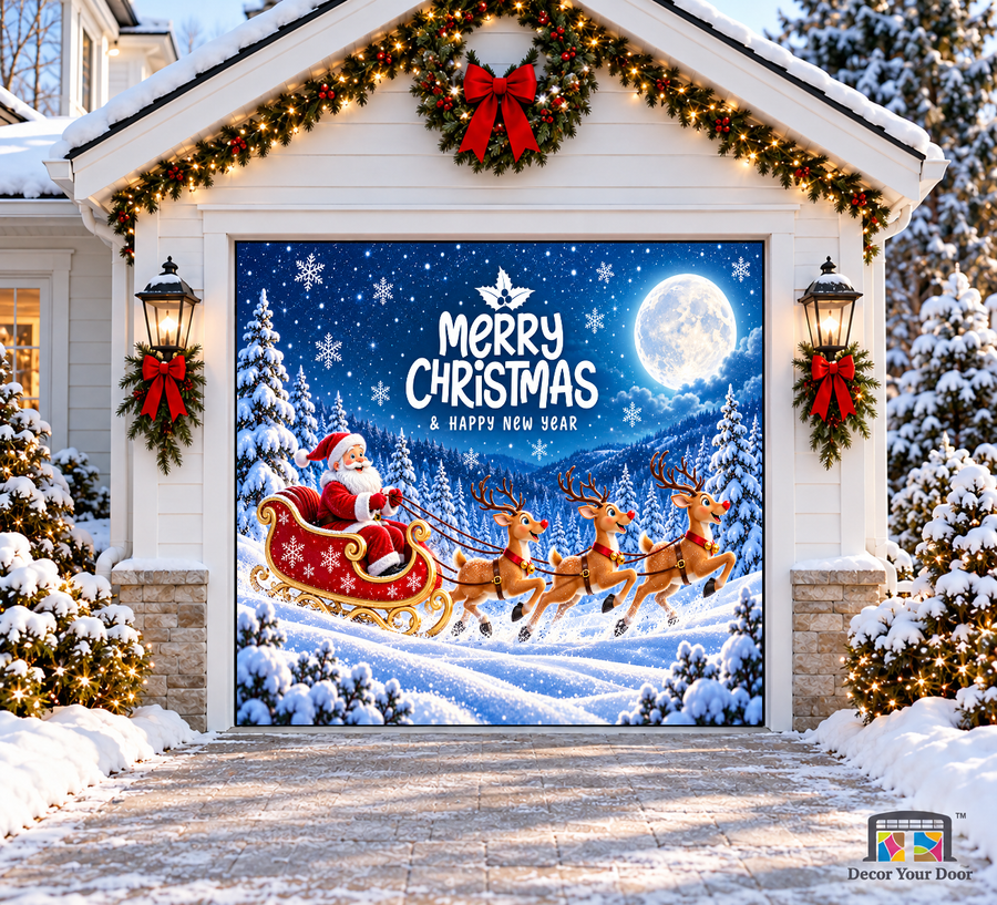 Santa and three reindeer in a moonlit Christmas Eve scene — one-car garage door cover, front view.