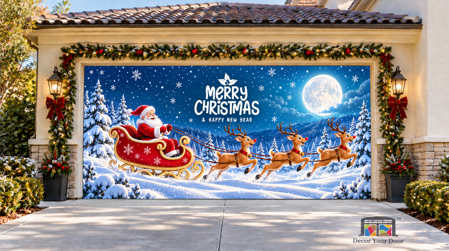 Santa and three reindeer in a moonlit Christmas Eve scene — two-car garage door cover, front view.