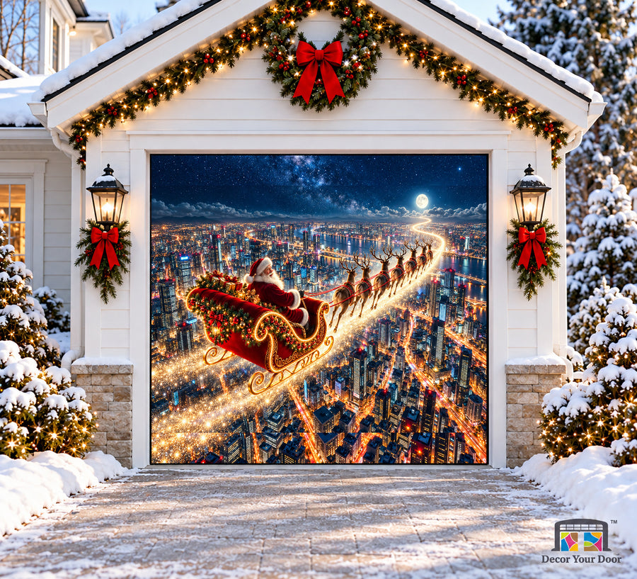 Santa Delivering Presents Christmas Garage Door Cover — one-car front view