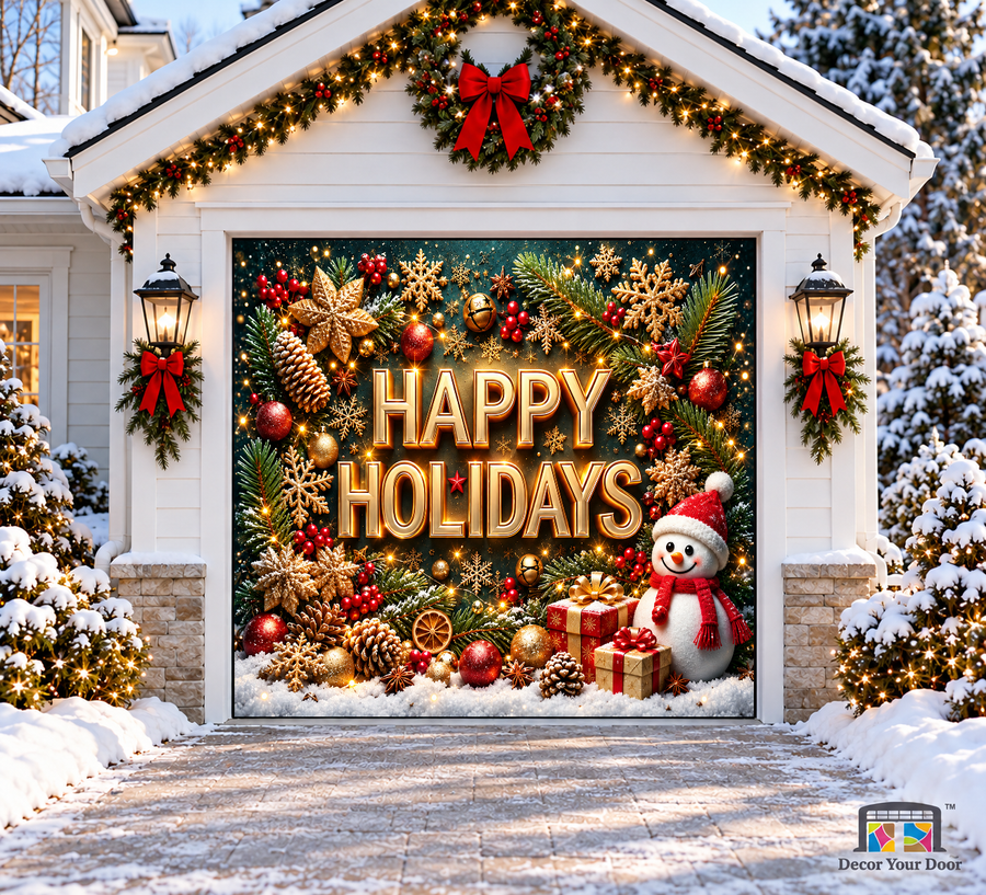 Happy Holidays snowman with gifts and red ornaments — one-car garage door cover, front view.