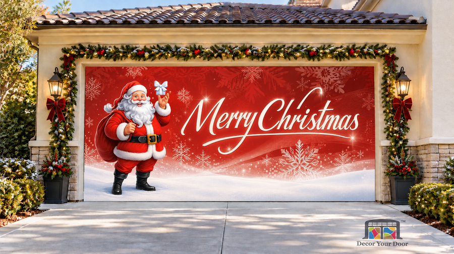 Santa holding a wrapped present on a red snowflake background — two-car garage door cover, front view.