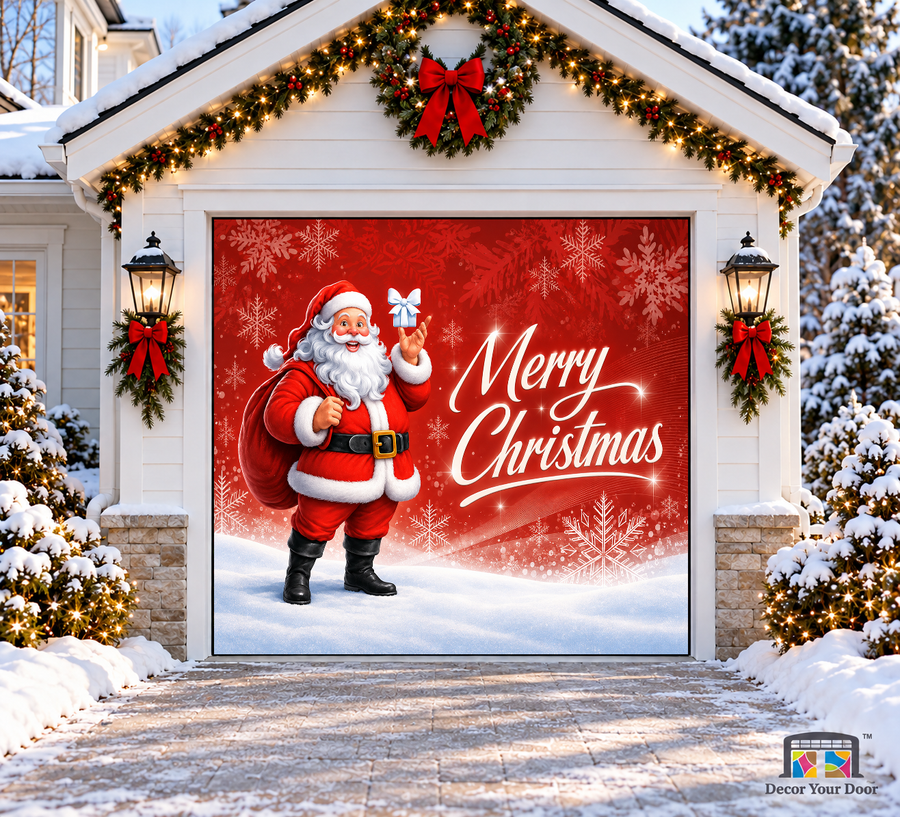Santa holding a wrapped present on a red snowflake background — one-car garage door cover, front view.