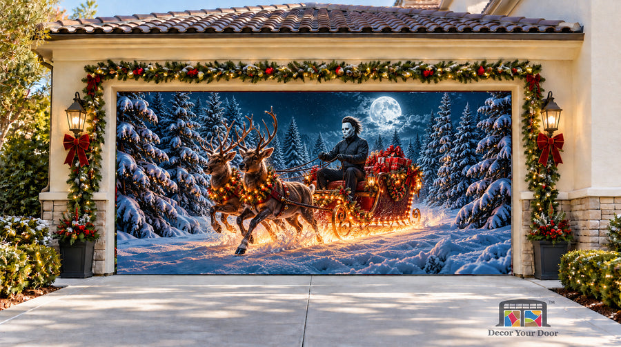 Michael Myers Sleigh Ride Christmas Garage Door Cover — two-car front view