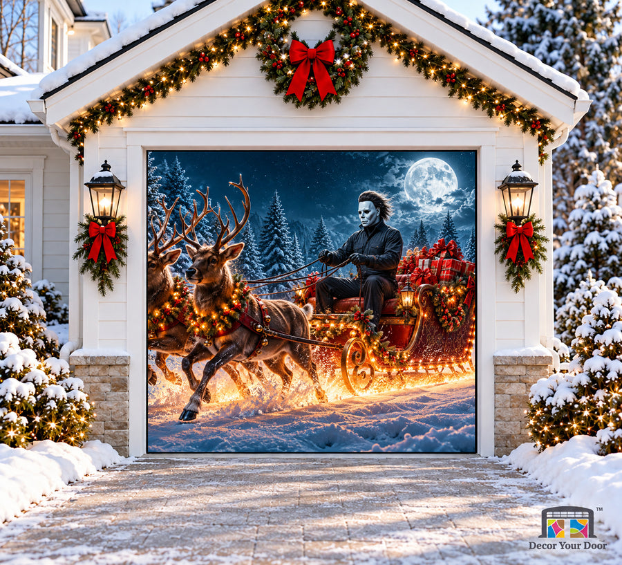 Michael Myers Sleigh Ride Christmas Garage Door Cover — one-car front view