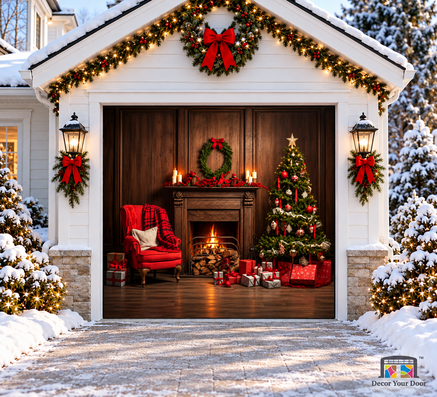 A cozy Christmas room with a fireplace, tree and red armchair — one-car garage door cover, front view.