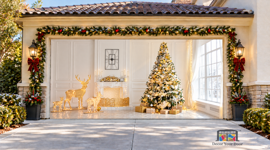 Golden deer and a Christmas tree in an elegant holiday room — two-car garage door cover, front view.